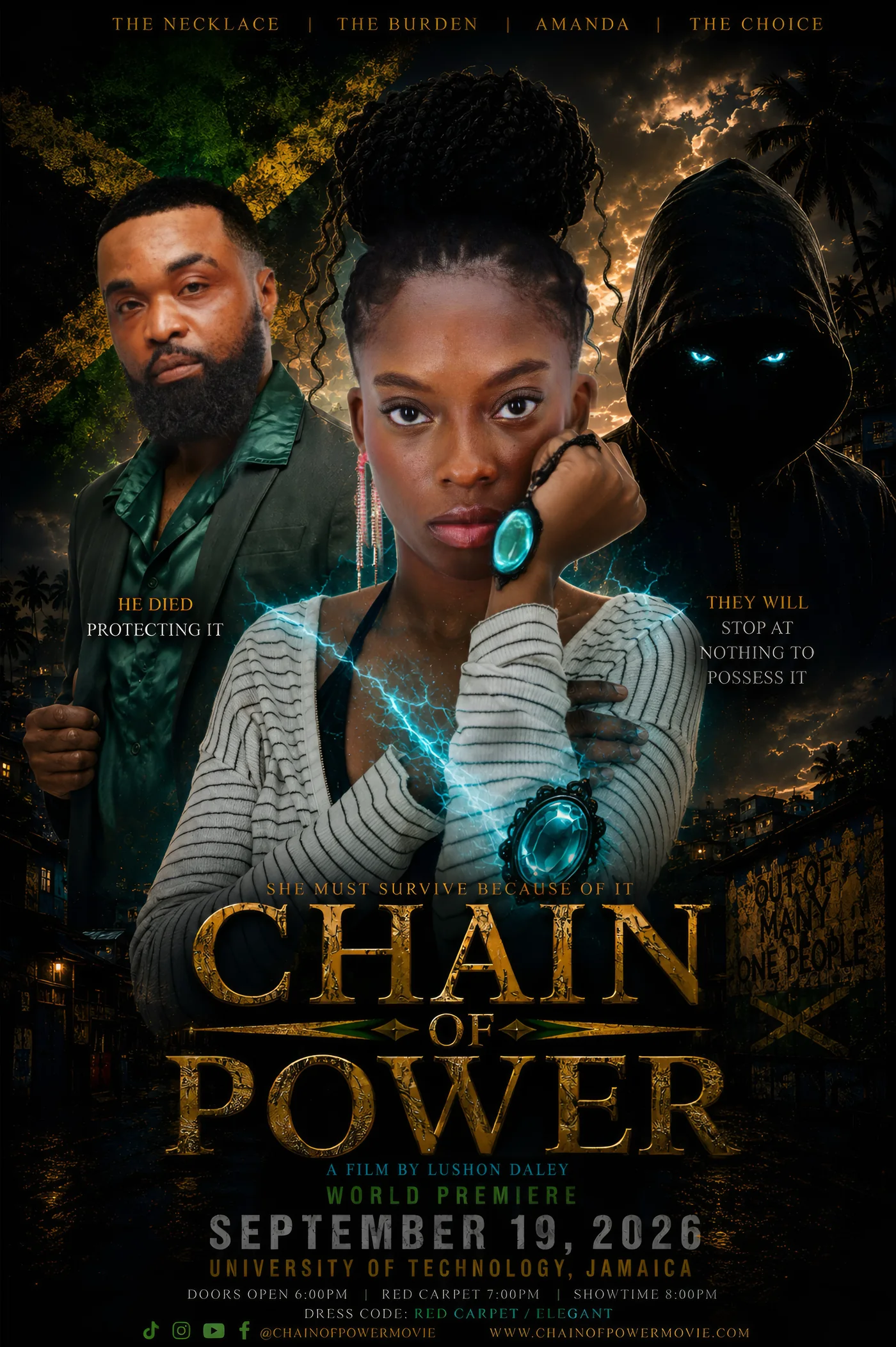Chain of Power official poster — Amanda holding the glowing necklace between her father and a hooded figure. World premiere September 19, 2026, University of Technology, Jamaica.